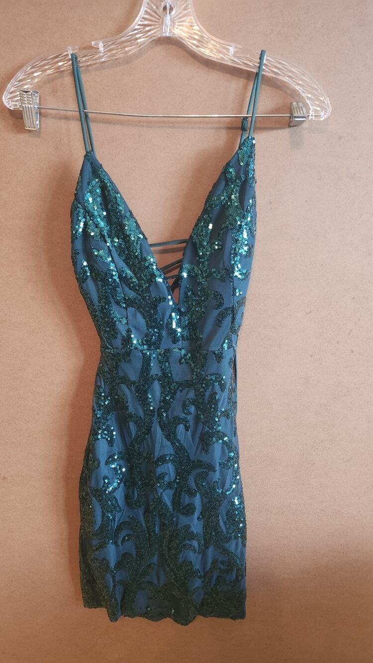 Lovely Day Emerald Green Sequin Mini Dress Lace Up Open Back Size Small #226